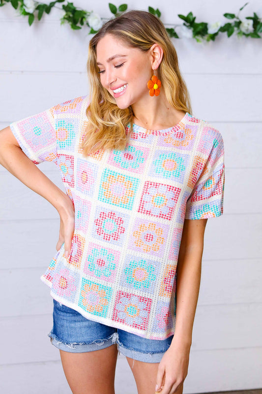 Cream Multicolor Flower Thermal Puff Sleeve Top