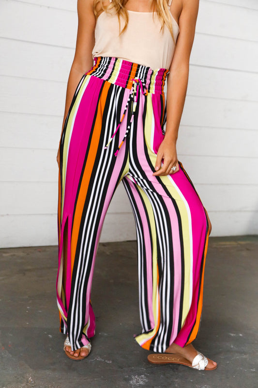 Multicolor Vertical Stripe Smock Waist Side Slit Palazzo Pants
