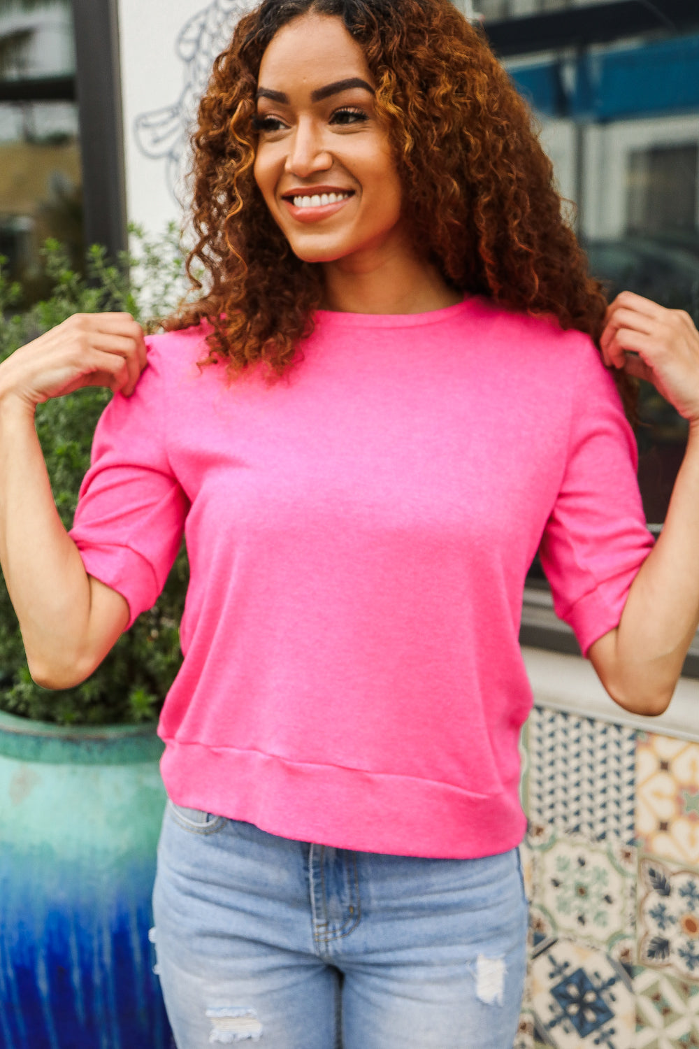 Pretty In Pink Mock Neck With Back Ribbon Bow Tie Sweater Top