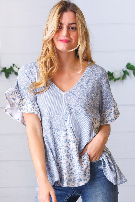 Light Blue French Terry Floral Ruffle Sleeve Top