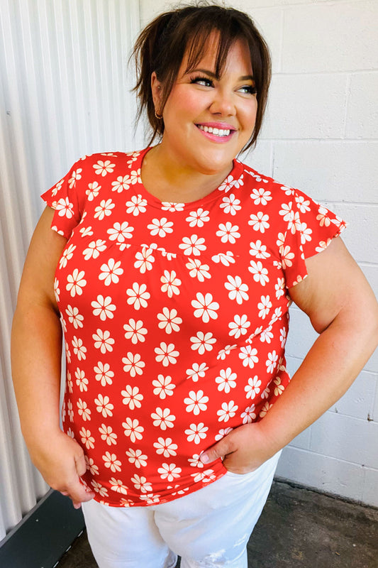 Red Floral Print Ruffle Short Sleeve Yoke Top