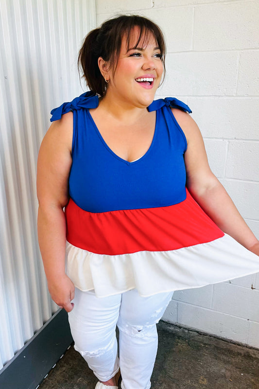 Patriotic Tiered Shoulder Tie Bow Crepe Top