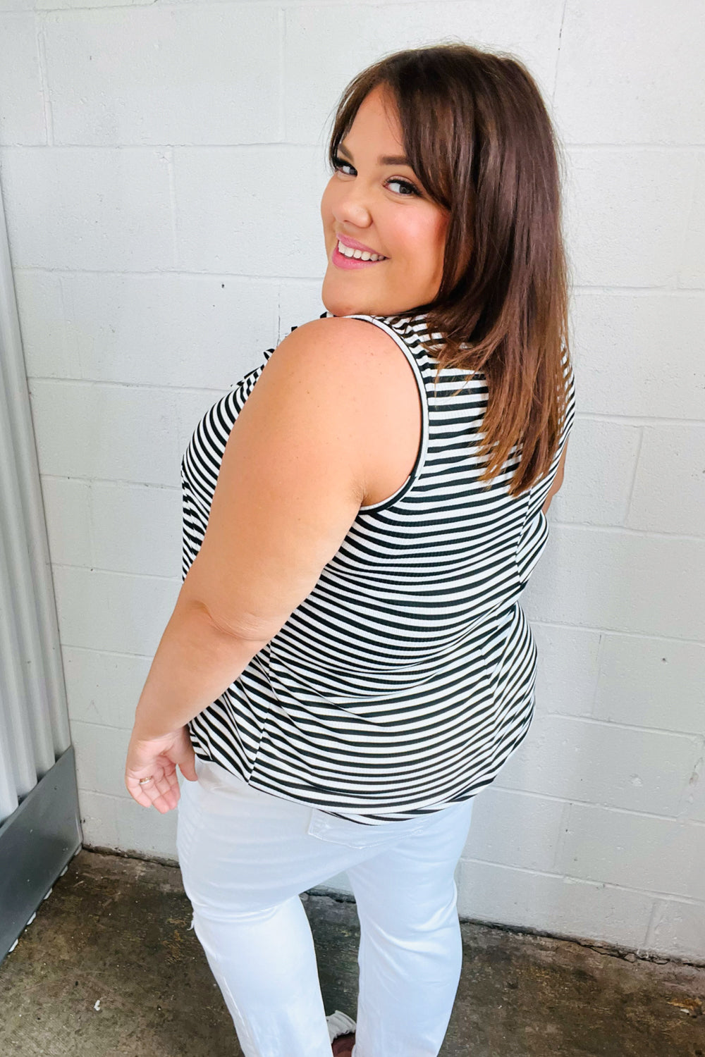 Black & White Striped Ruffle Sleeveless Top