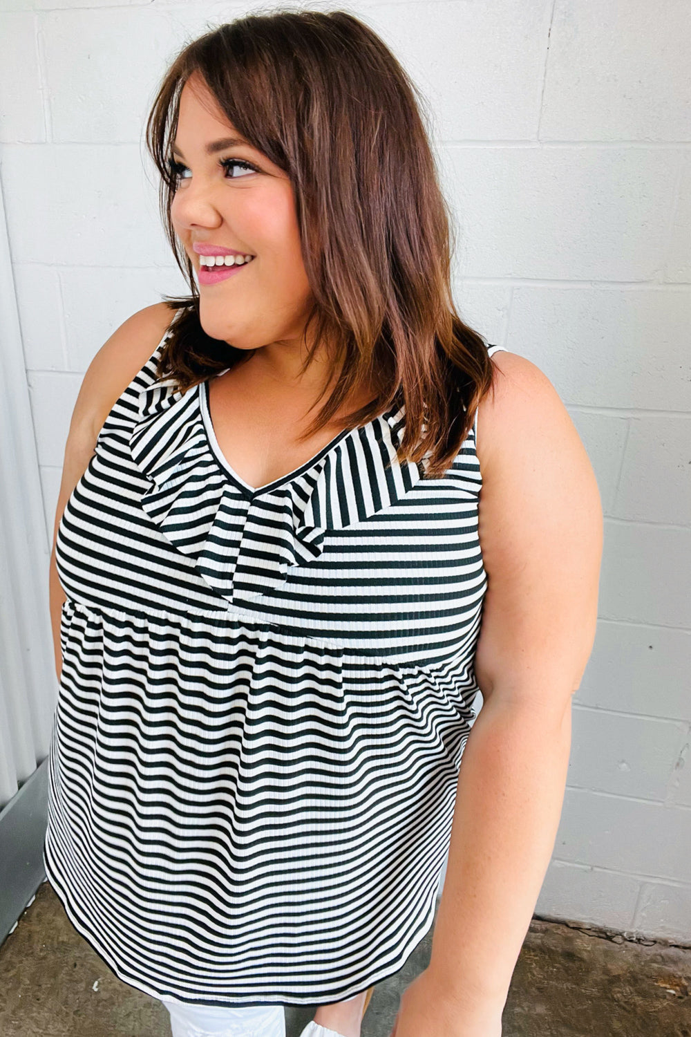 Black & White Striped Ruffle Sleeveless Top