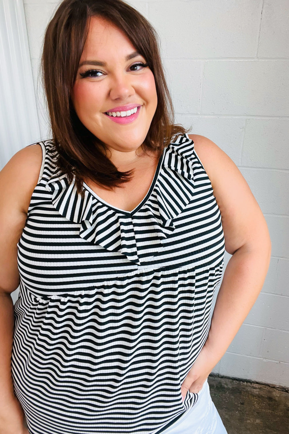 Black & White Striped Ruffle Sleeveless Top