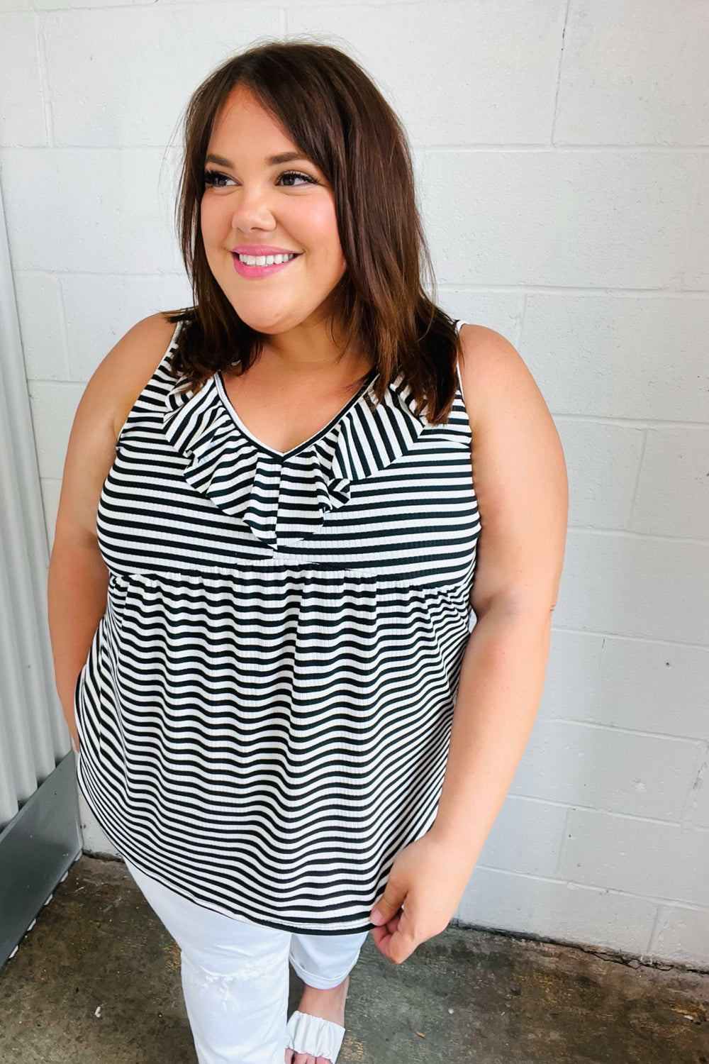 Black & White Striped Ruffle Sleeveless Top