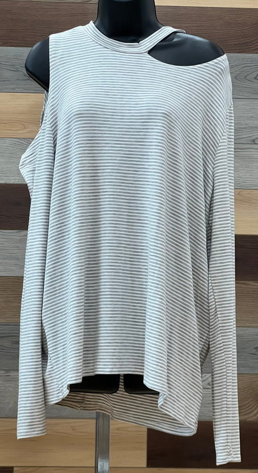 PLUS HEATHER GREY & IVORY STRIPE COLD SHOULDER CUT OUT TOP