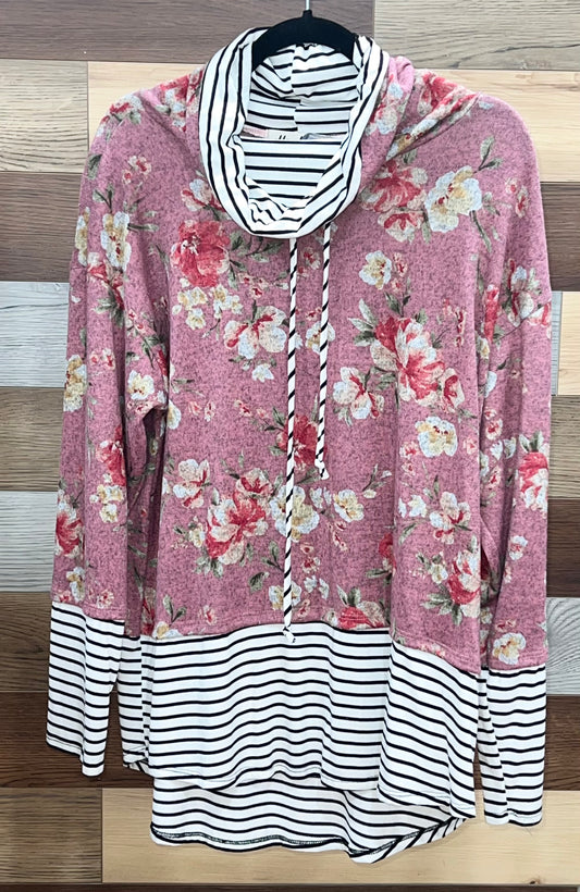 Mauve Floral Striped Cow Neck Sweater