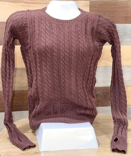 Brunette Cable Knit Sweater with Thumbholes!