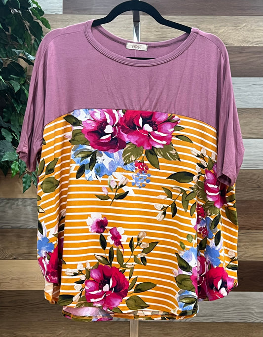 Purple & Mustard Floral Striped Blouse