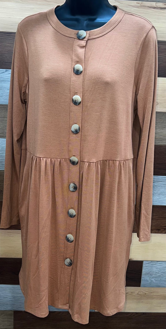 DEEP CAMEL SHIRRED WAIST BUTTONED CARDIGAN WITH SIDE POCKETS