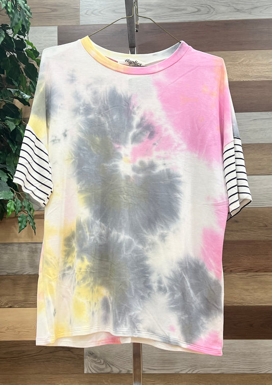 Yellow & Pink Tie Die Striped Blouse