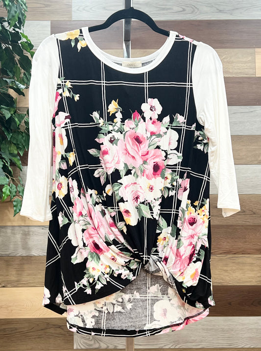 IVORY & BLACK FLORAL TWIST HEM BLOUSE