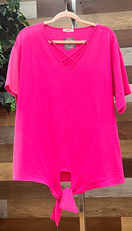 Fuchsia Cross Cross Neck Tie Bottom Blouse