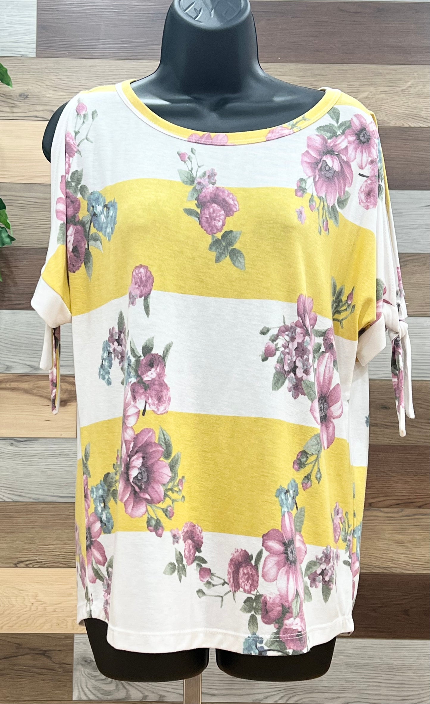 IVORY & YELLOW FLORAL COLD SHOULDER TIE SLEEVE TOP