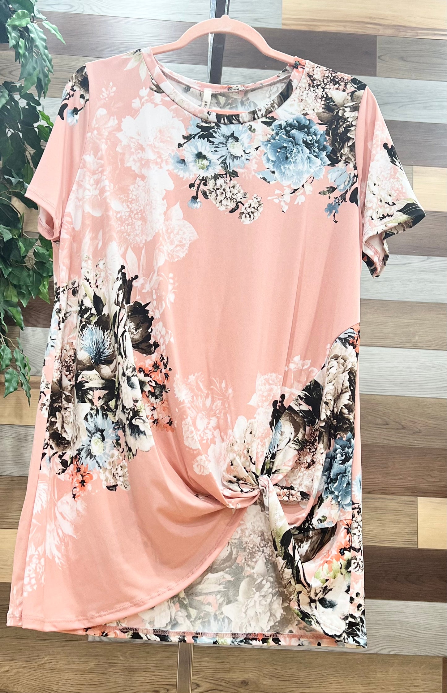 Peach and Floral Cinch Bottom Blouse