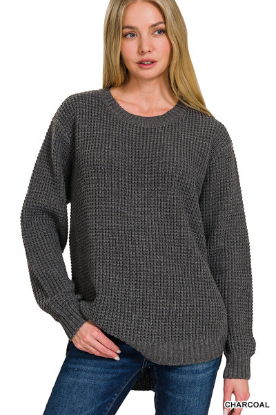 HI-LOW LONG SLEEVE WAFFLE SWEATER Mocha/Charcoal