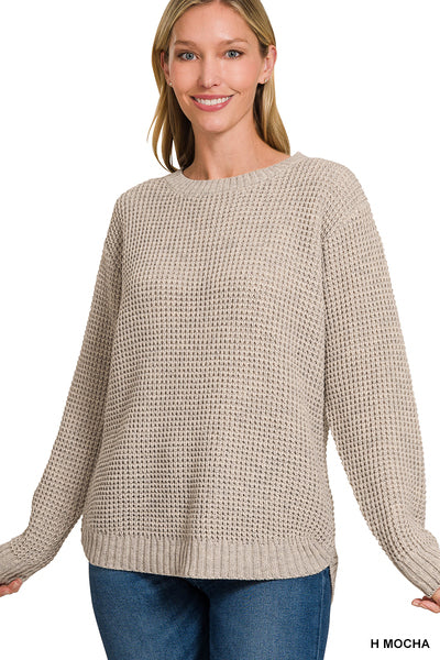 HI-LOW LONG SLEEVE WAFFLE SWEATER Mocha/Charcoal