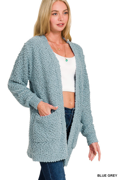 ASH BLUE LONG SLEEVE POPCORN SWEATER CARDIGAN WITH POCKETS