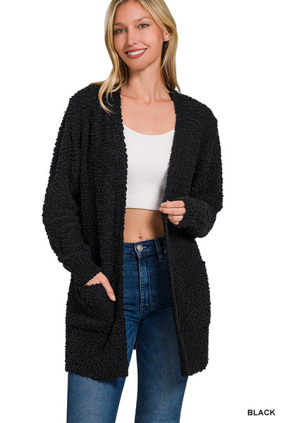 BLACK LONG SLEEVE POPCORN SWEATER CARDIGAN WITH POCKETS