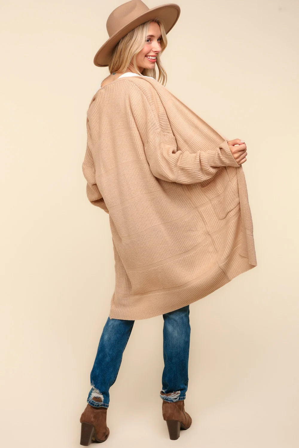 In Stock- TAUPE OPEN POCKETED CARDIGAN