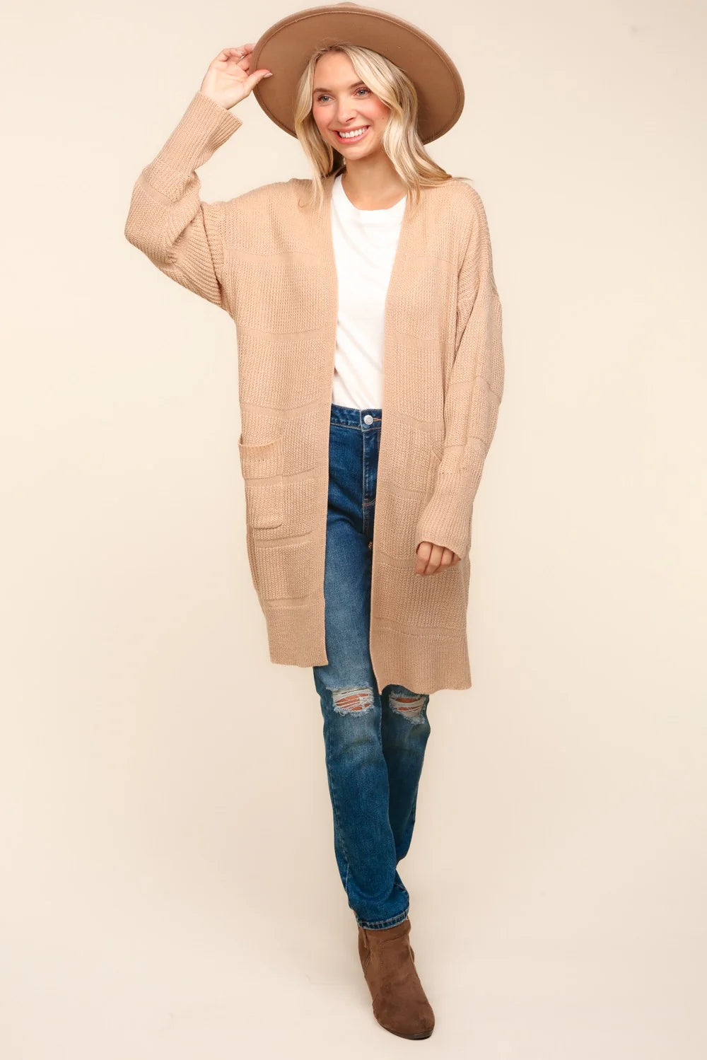 In Stock- TAUPE OPEN POCKETED CARDIGAN