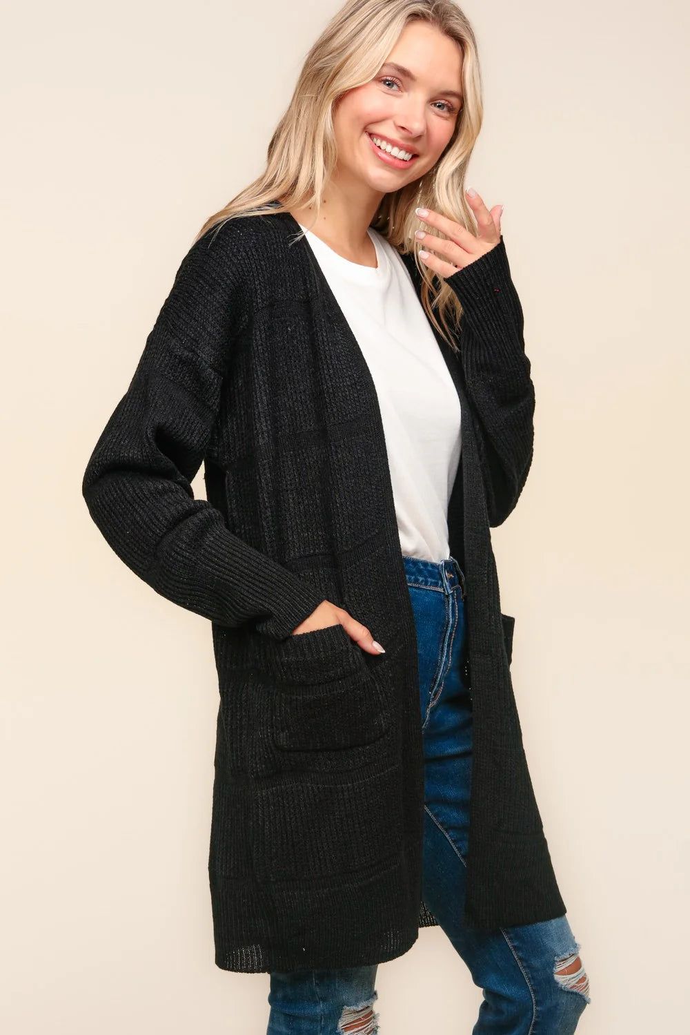 PLUS BLACK OPEN POCKETED CARDIGAN