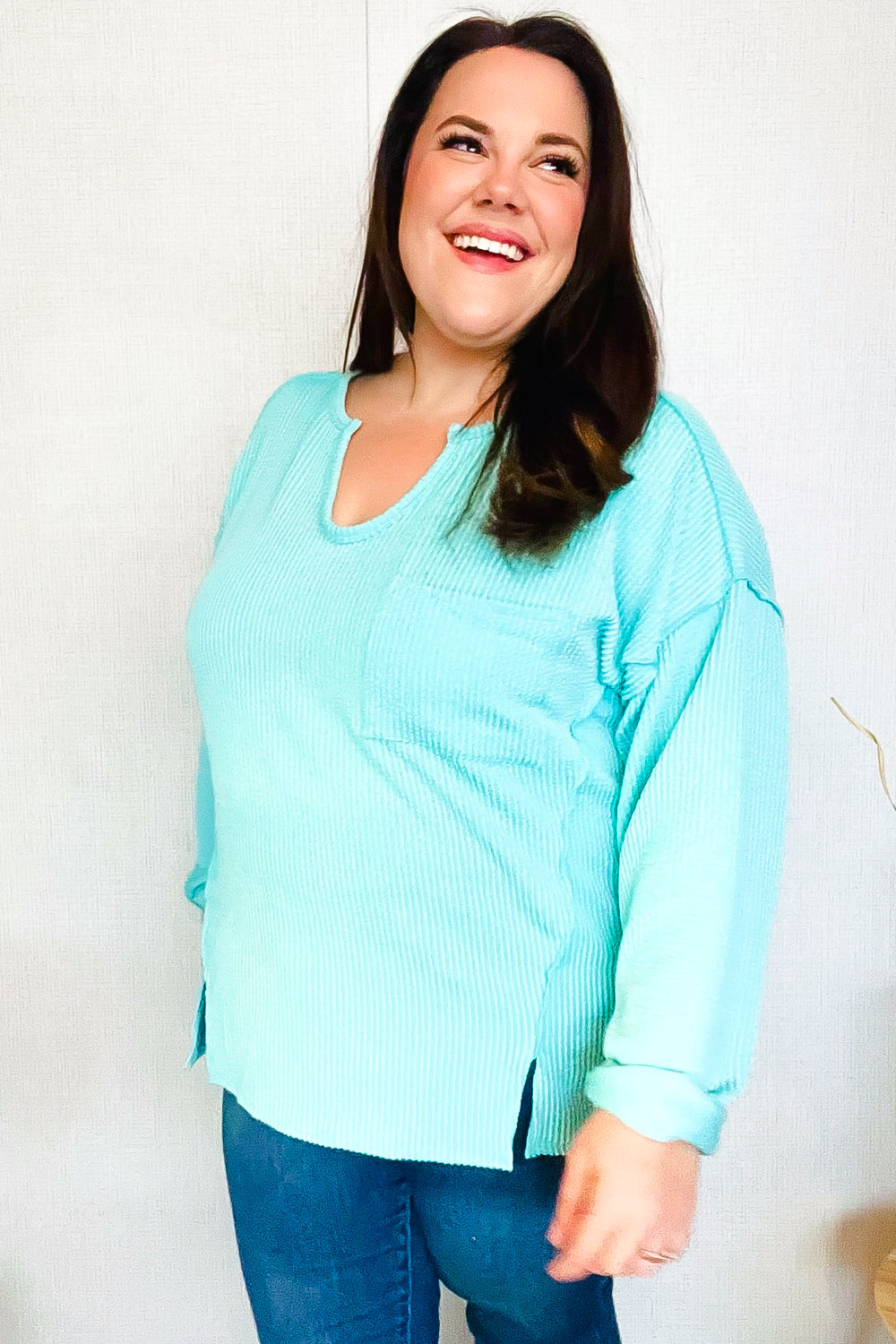 Eyes On You Seafoam Mineral Wash Rib Notch Neck Pocket Top