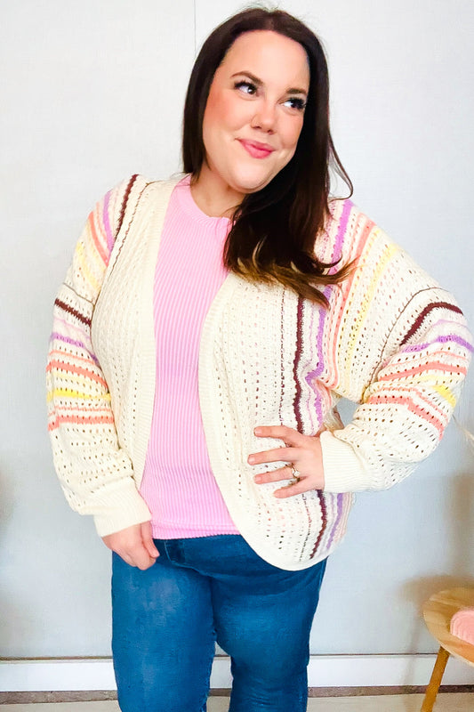 Easy Living Oatmeal Multicolor Stripe Dolman Crochet Cardigan