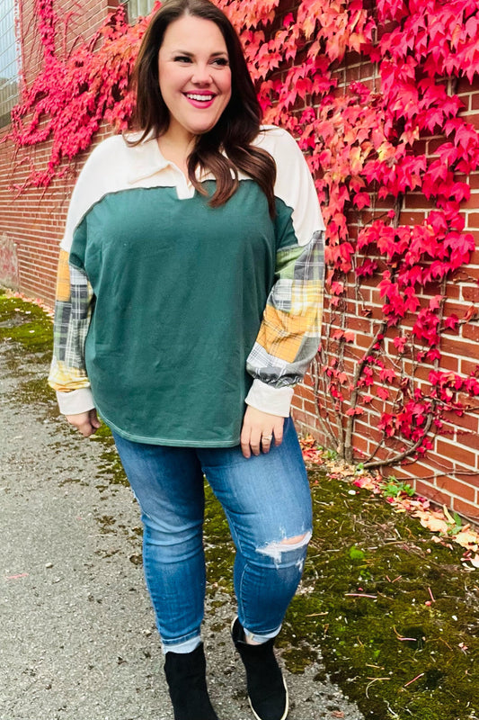 Fall For You Hunter Green Plaid Color Block Collared Terry Top