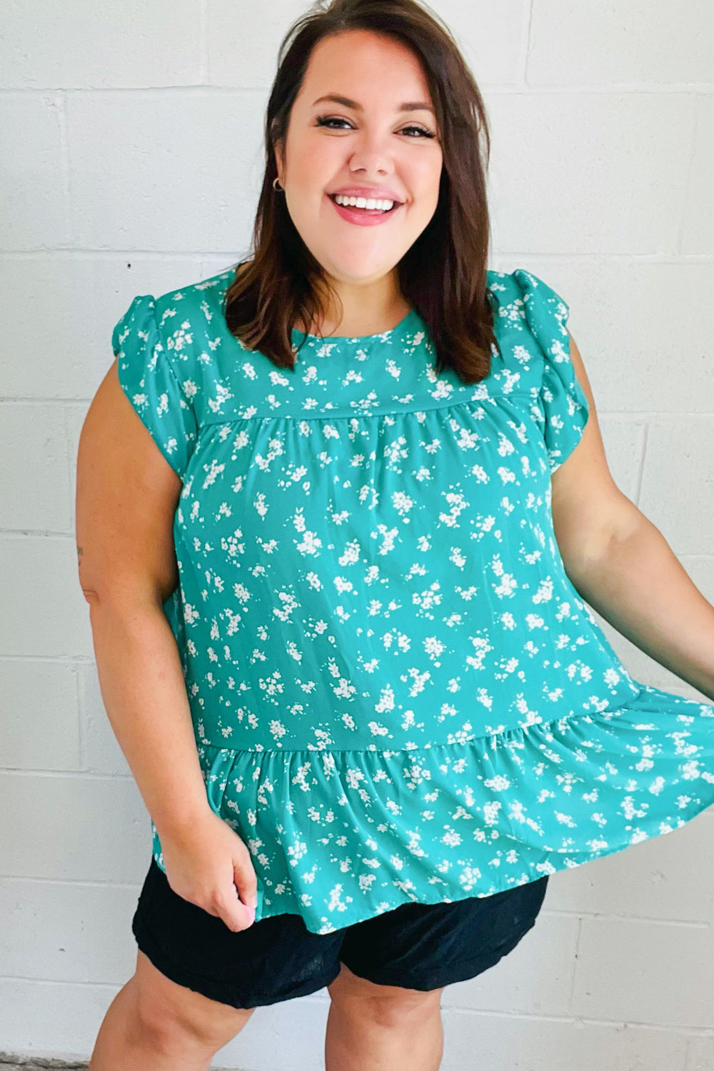 Teal Floral Yoke Flutter Sleeve Keyhole Back Top