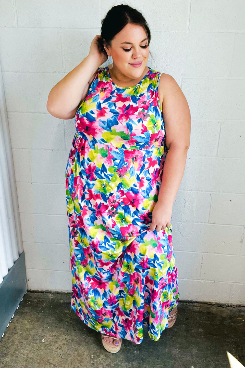 Watercolor Floral Fit and Flare Sleeveless Maxi Dress