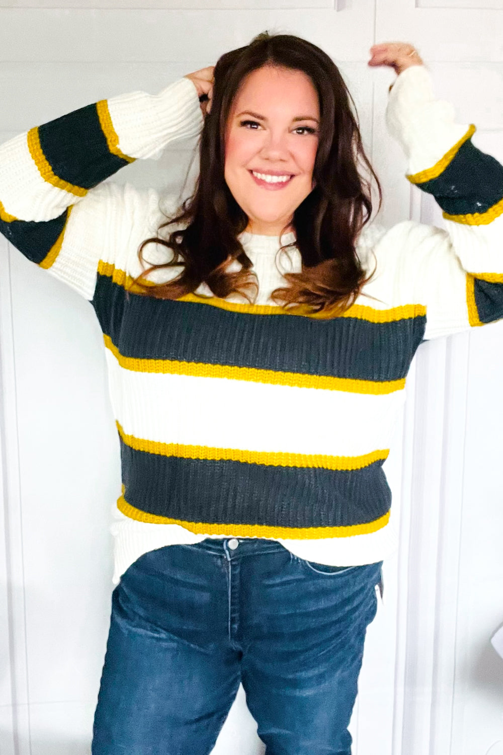 Casual Chic Yellow & Ivory Stripe Oversize Knit Sweater