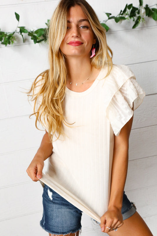 Cream Wide Rib Chiffon Flutter Sleeve Top