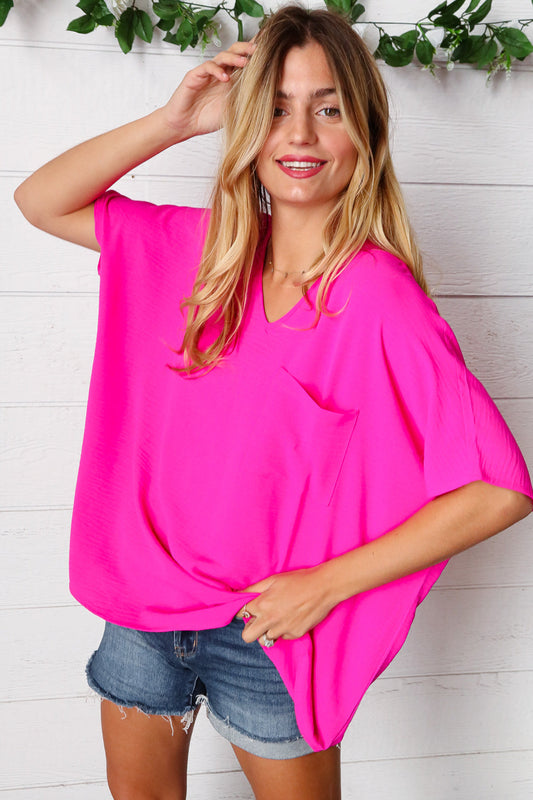Fuchsia V Neck Dolman Short Sleeve Top