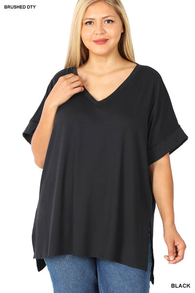 PLUS BRUSHED ROLLED SHORT SLEEVE V-NECK TOP