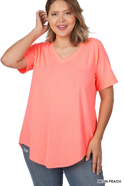 PLUS LUXE RAYON SHORT SLEEVE V-NECK HI-LOW HEM TOP