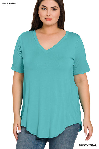 PLUS LUXE RAYON SHORT SLEEVE V-NECK HI-LOW HEM TOP