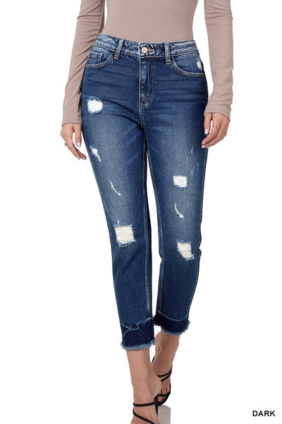 MID-RISE DISTRESSED FRAYED HEM SKINNY DENIM PANTS