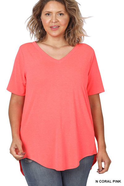 PLUS LUXE RAYON SHORT SLEEVE V-NECK HI-LOW HEM TOP