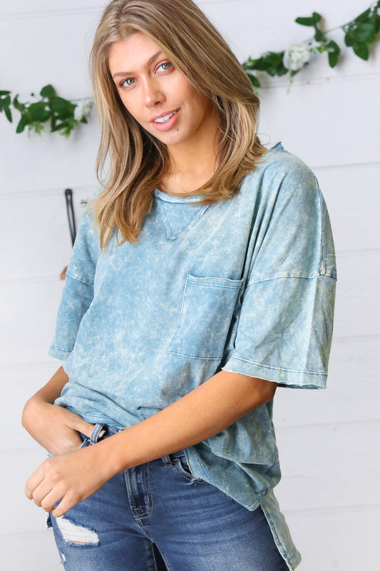 Teal Acid Wash Raw Edge Pocketed Top