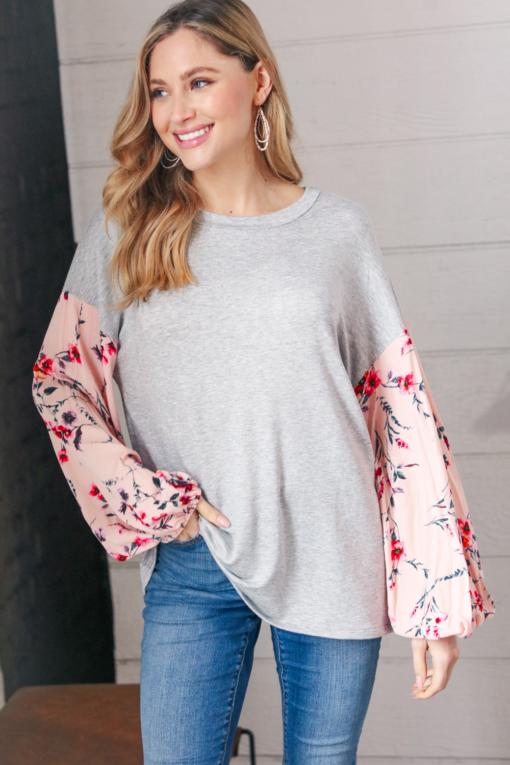 Grey Floral Crinkle Woven Bubble Sleeve Terry Top