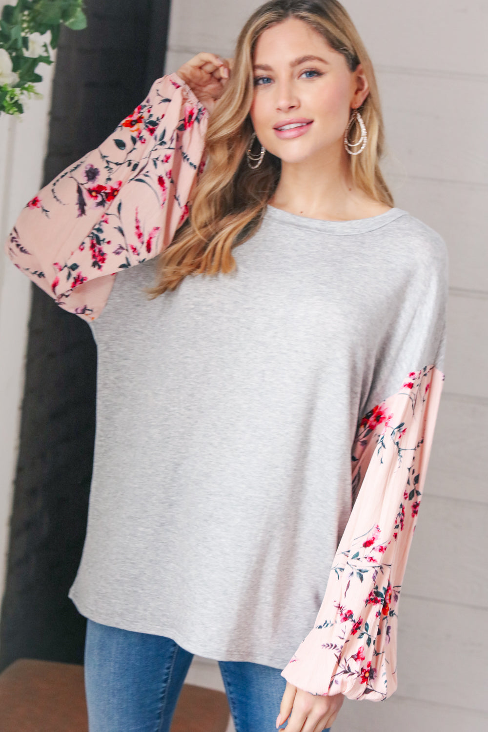 Grey Floral Crinkle Woven Bubble Sleeve Terry Top