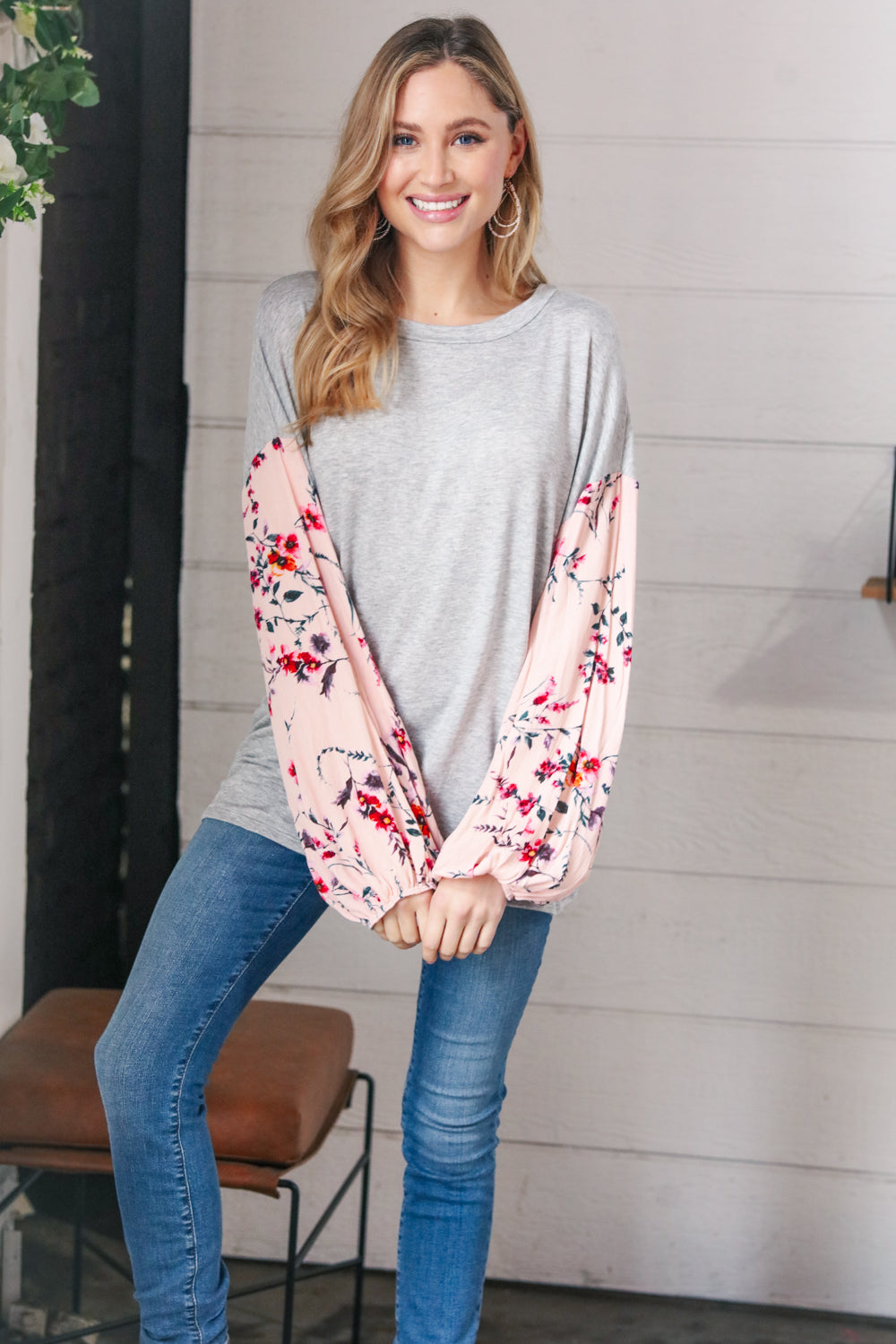 Grey Floral Crinkle Woven Bubble Sleeve Terry Top