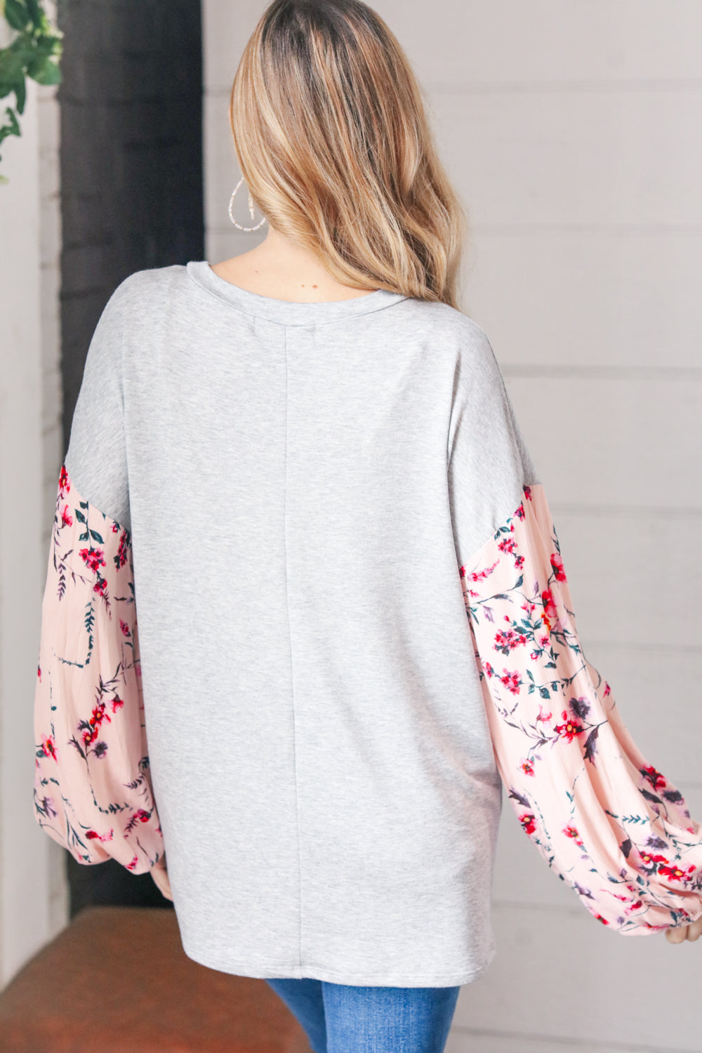 Grey Floral Crinkle Woven Bubble Sleeve Terry Top