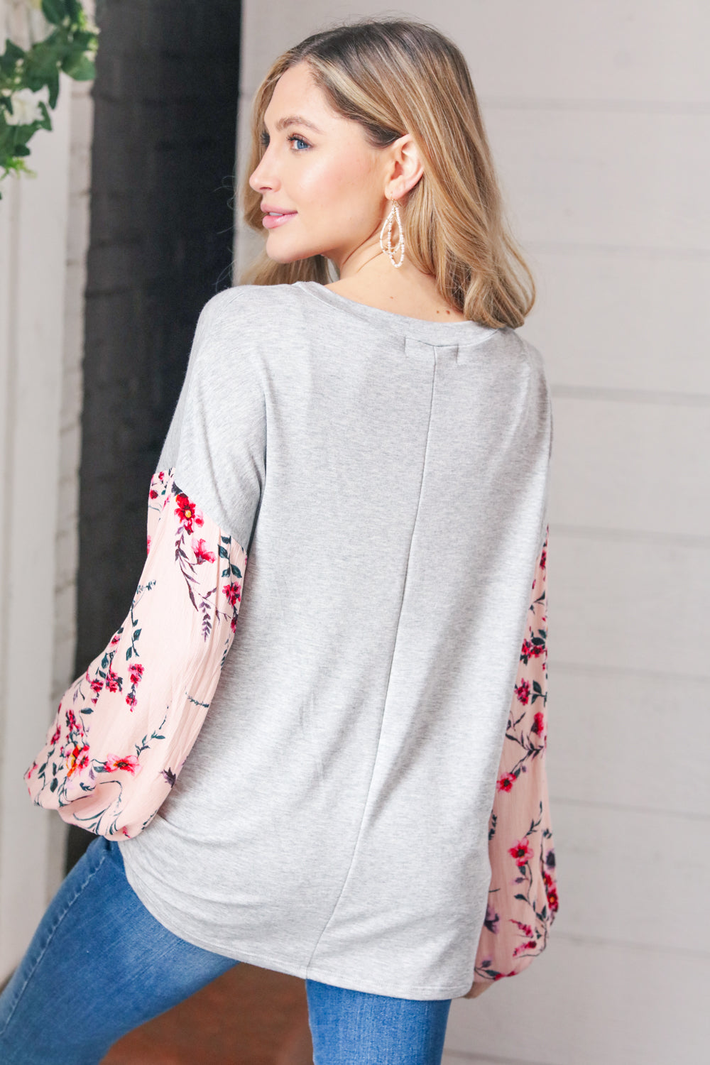 Grey Floral Crinkle Woven Bubble Sleeve Terry Top