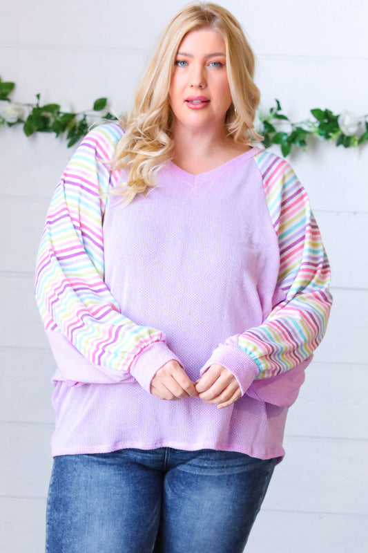 Lavender Two Tone Multi Color Stripe Raglan Top