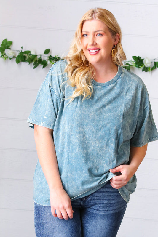 Teal Cotton Wash Short Sleeve Crew Neck Top