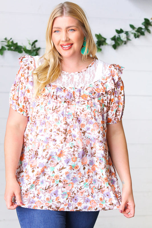 Lavender Watercolor Lace & Ruffle Woven Top