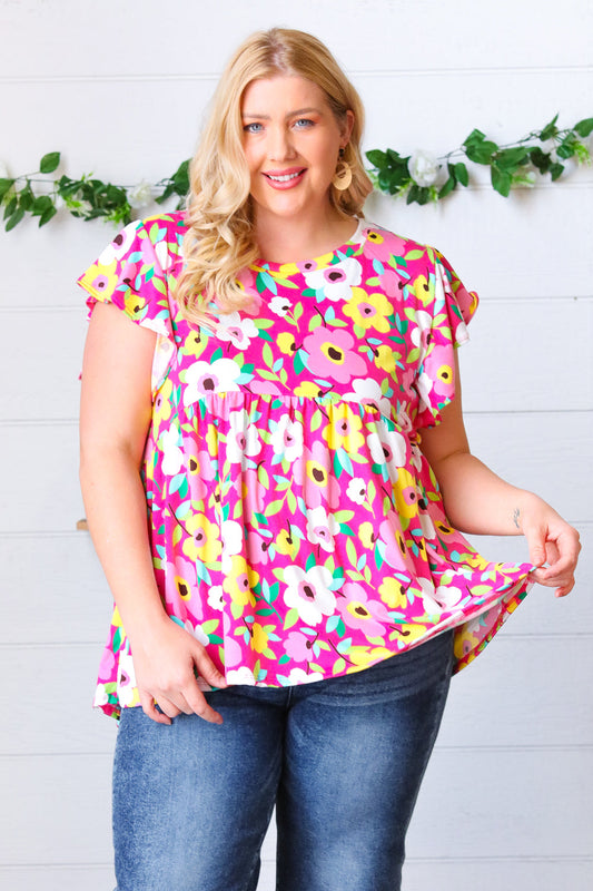 Magenta Flat Floral Ruffle Short Sleeve Babydoll Top